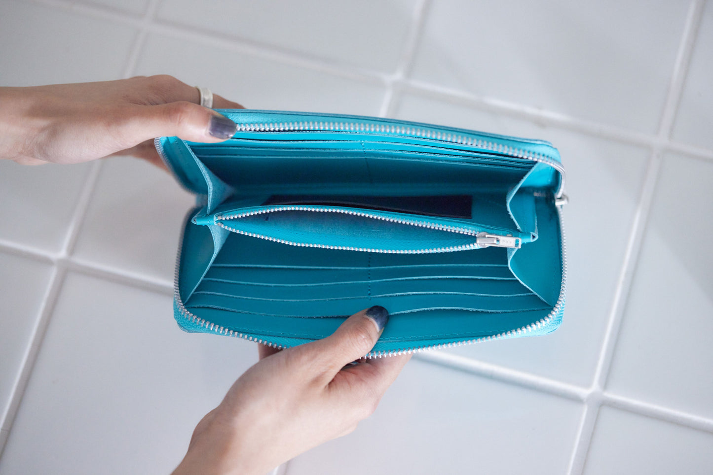 Quiet leather long wallet/turquoise[SAMPLE SALE]