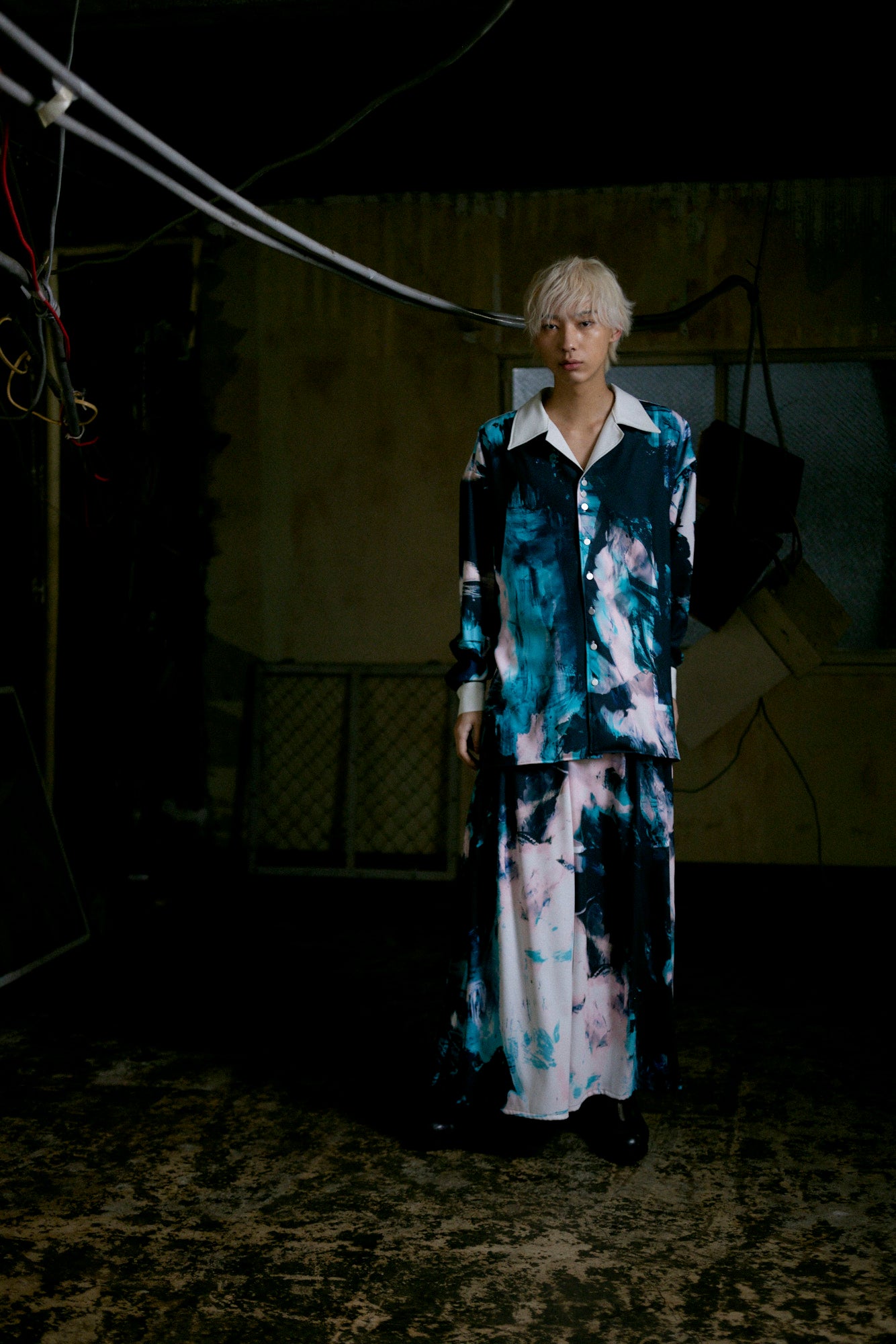 Stony paint open collar shirt / Turquoise