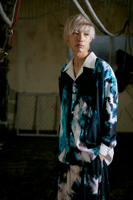 Stony paint open collar shirt / Turquoise