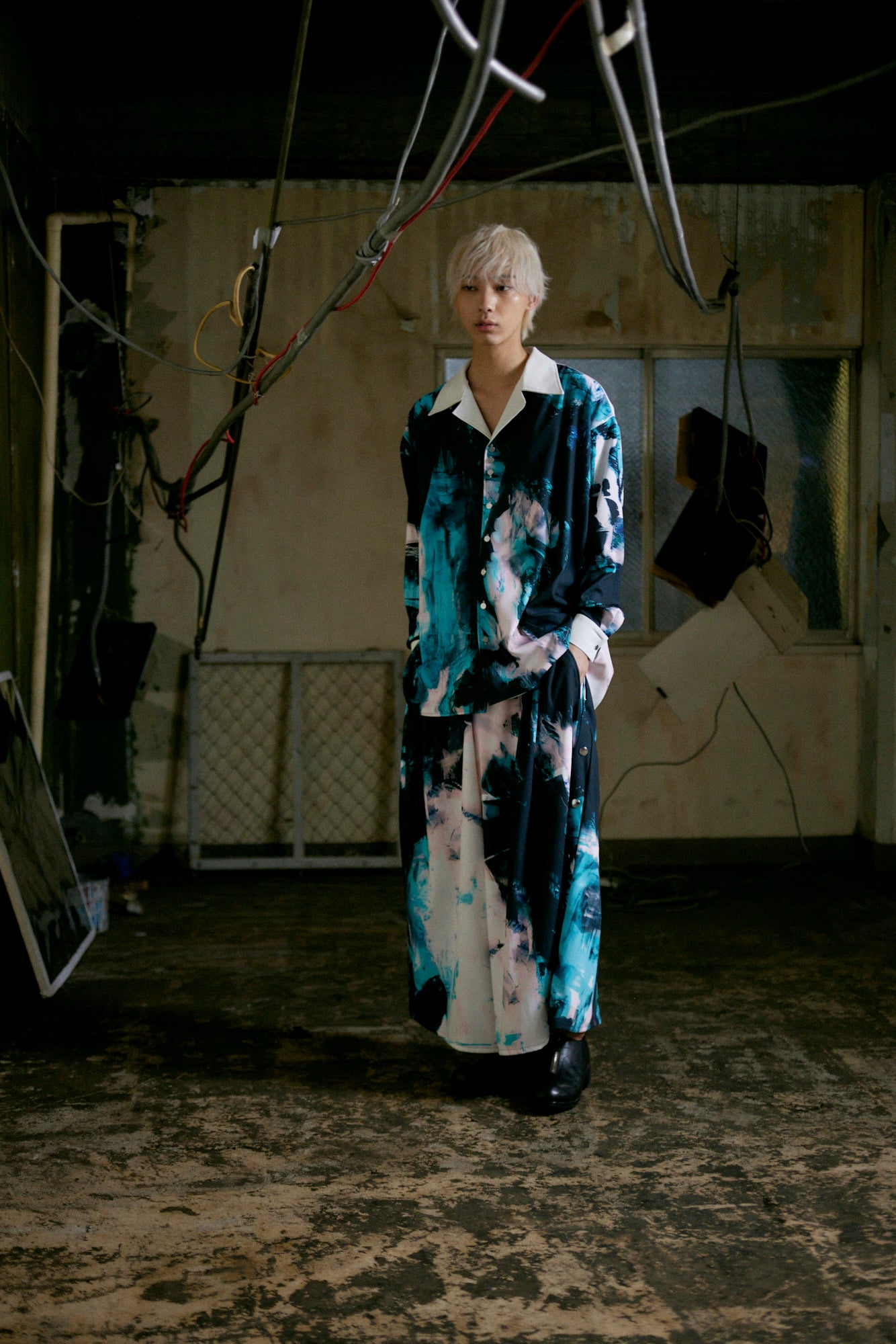 Stony paint open collar shirt / Turquoise